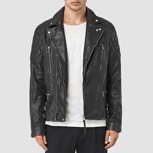 New All Saints Yuku biker moto quilted boxy zipper 100% lamb leather jacket